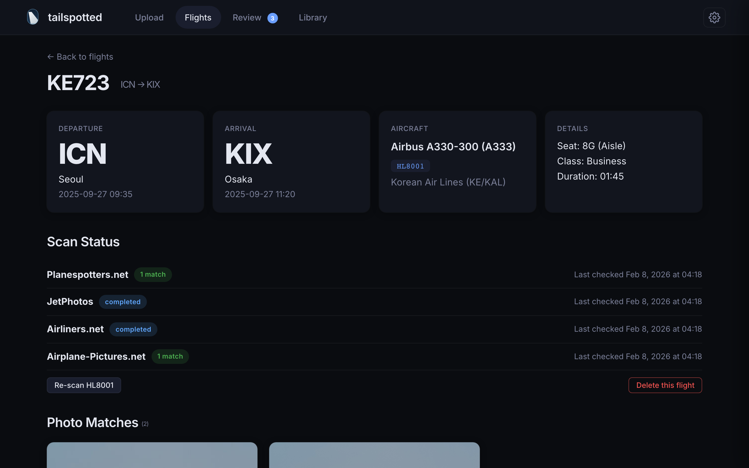 Flight detail page showing departure, arrival, aircraft info, and photo matches