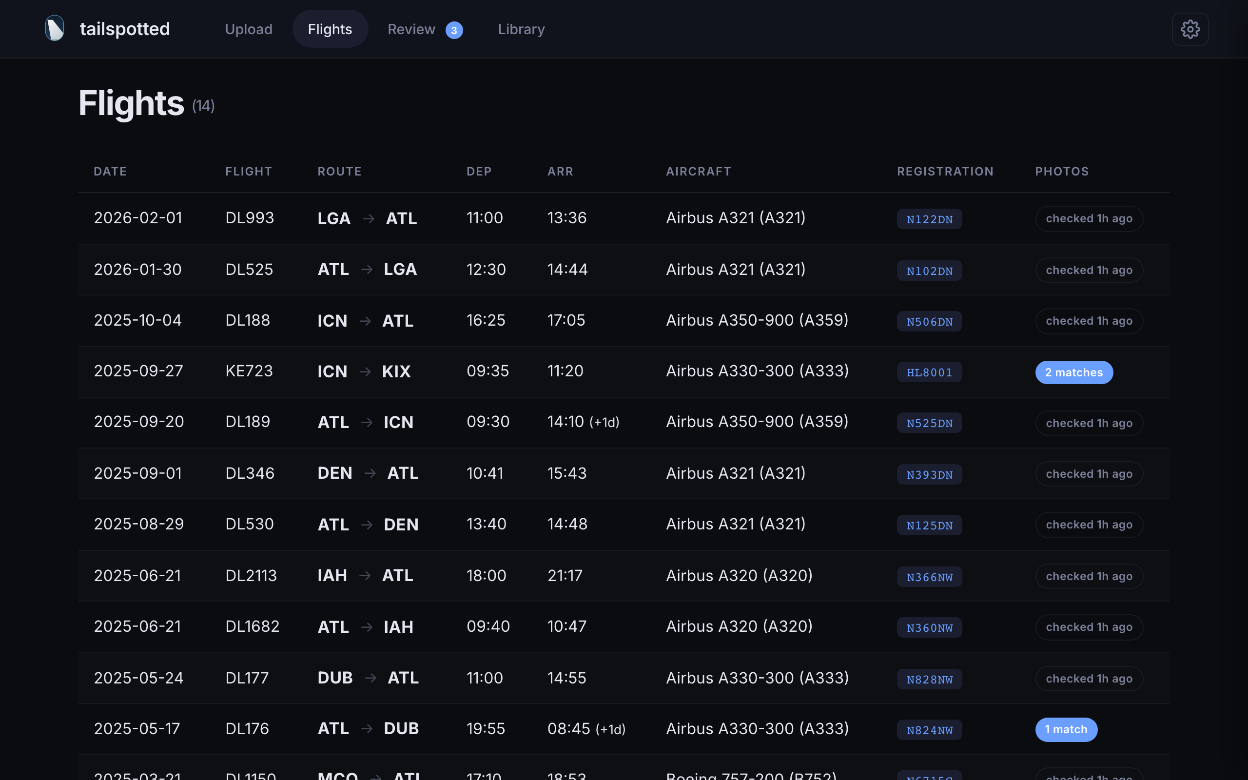 Flight list showing imported flights with registration codes, routes, and scrape status