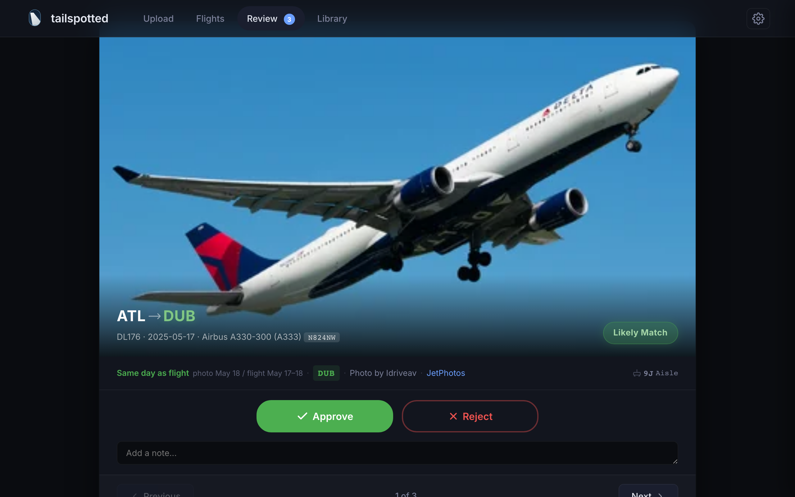Photo review interface showing a matched aircraft photo with approve and reject buttons